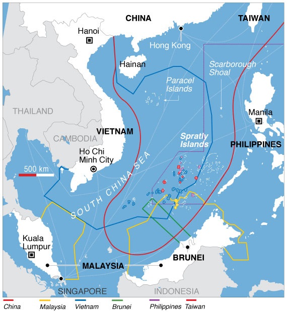 Parts of the South China Sea are claimed by China (the red 'cow's tongue'), Malaysia, Vietnam, Brunei, the Philippines, Taiwan and even Indonesia. © Wikimedia 