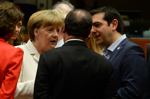 Angela Merkel, François Hollande en Alexis Tsipras